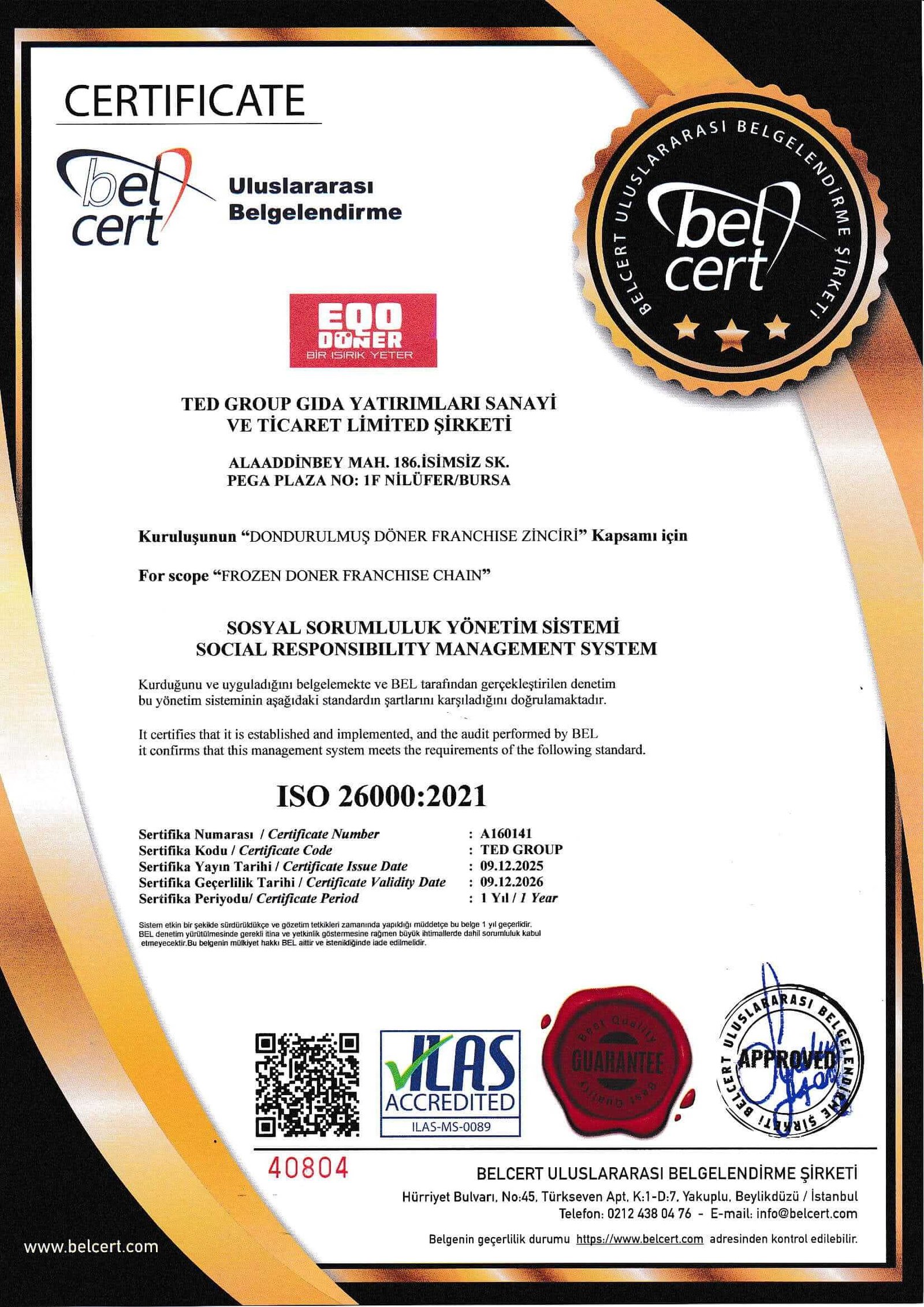EQO Döner Kalite Belgesi