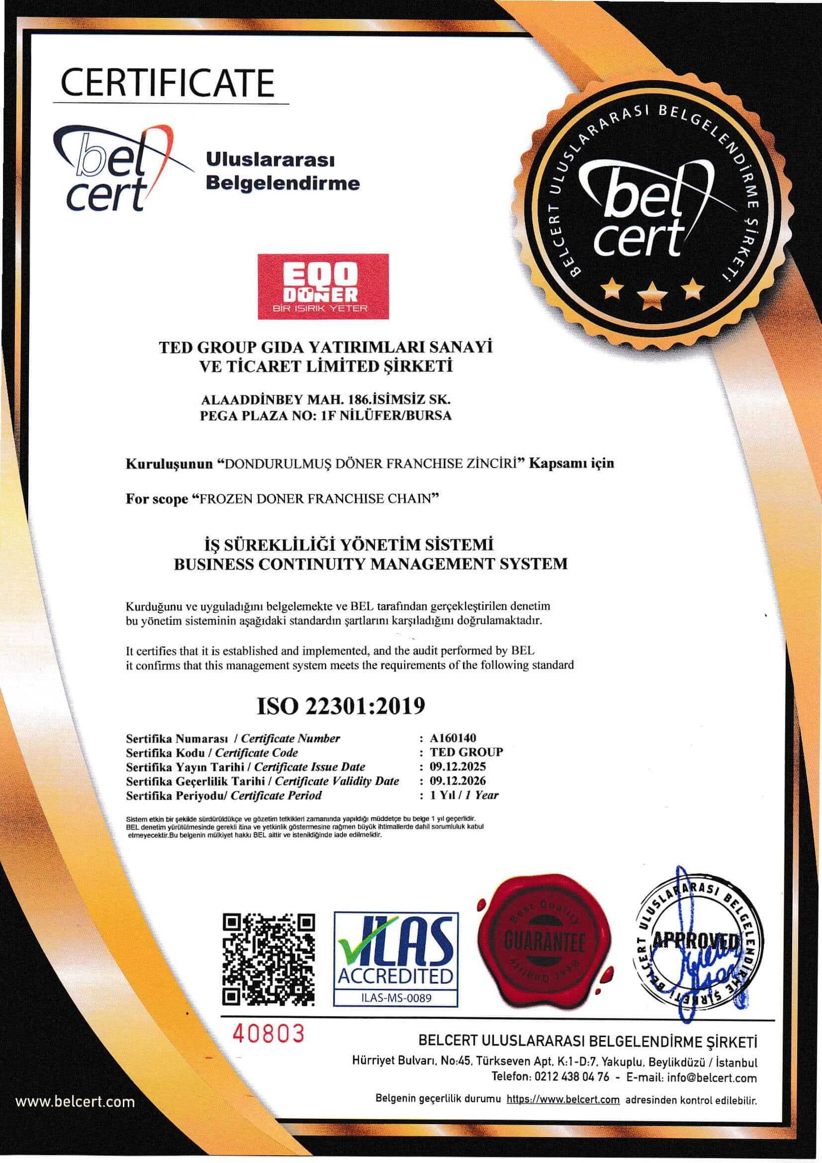 EQO Döner Kalite Belgesi